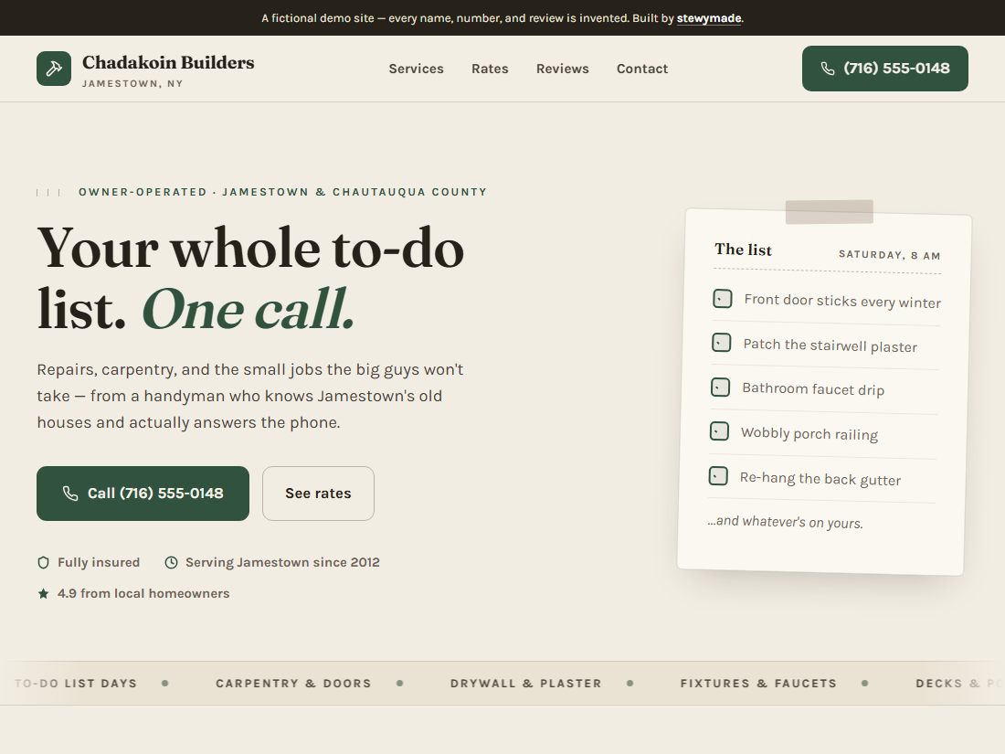 Homepage of Chadakoin Builders, a demo website for a Jamestown handyman business