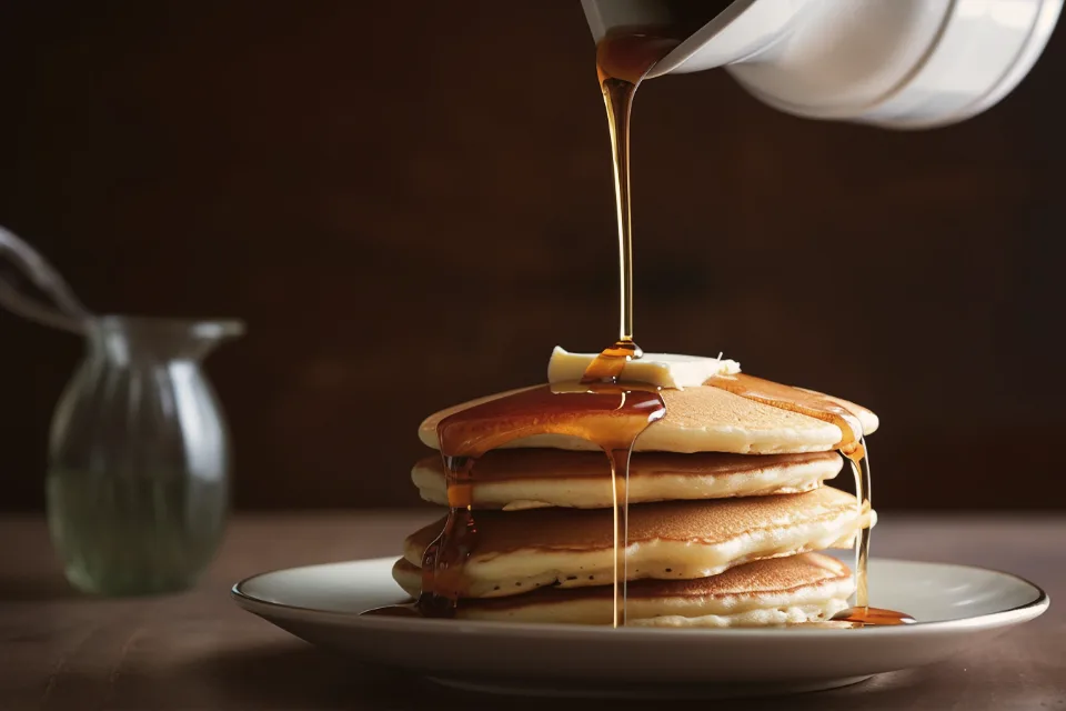 A tall stack of buttermilk pancakes with a pat of butter, warm maple syrup pouring over the top
