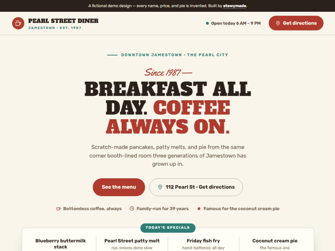 Homepage design for The Pearl Street Diner, a demo website for a Jamestown diner